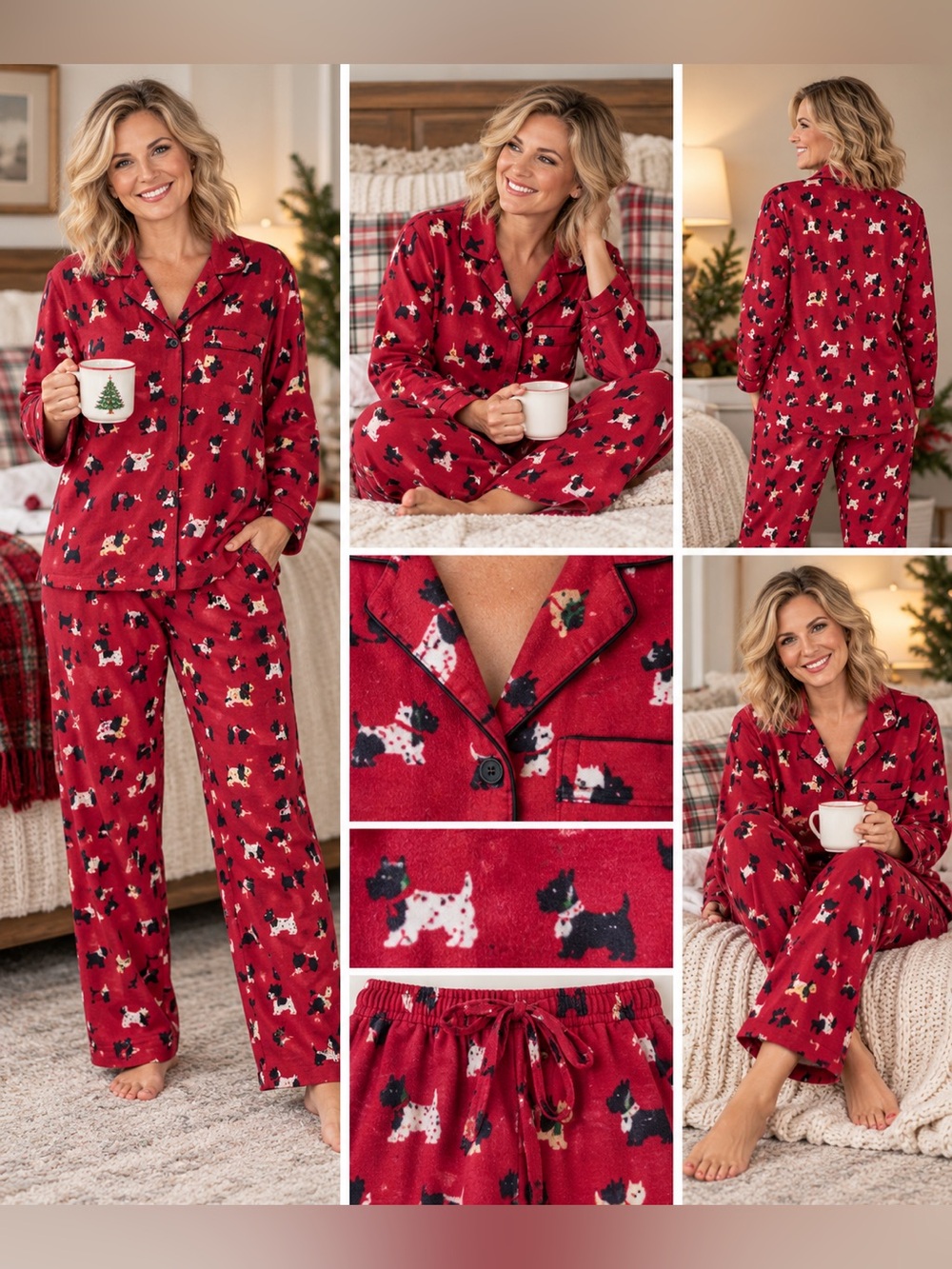 Delicates Red Flannel Westie Two Piece Pajama Set Womens XL 0104